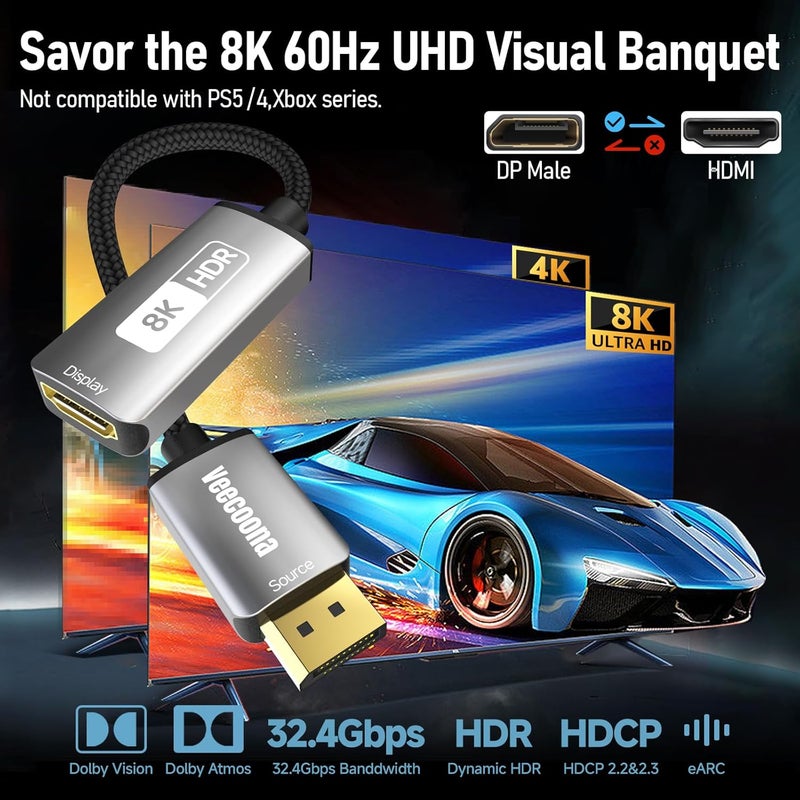 Veecoona DisplayPort 1.4 to HDMI 2.1 Adapter [8K@60Hz, 4K@120Hz] Unidirectional DP Source to HDMI Display Converter Display Port Adapter for PC RTX/AMD Card - Not Work with PS5 - Image 2